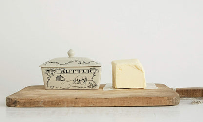 Creative Co-Op Country Stoneware Butter Dish with Lid, "Spread the Love" Message, and Farm Line Drawing, White and Black, Food, Microwave, and Dishwasher Safe
