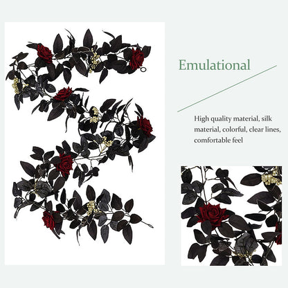 BFYDOAA 180cm Artificial Black Rose Vine Halloween Hanging Rose Flower Garland with Berries for Table Centerpiece,Fireplace Door Frame Backdrop Decor