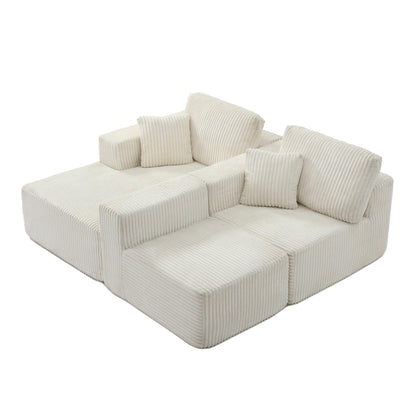 109" Modular L-Shaped Corner Cloud Sofa Corduroy Modular Couches with Deep Seat, 3 Pieces Compressed Boneless Sofa W/Right Chaise Lounge and 4 Pillows for Living Room
