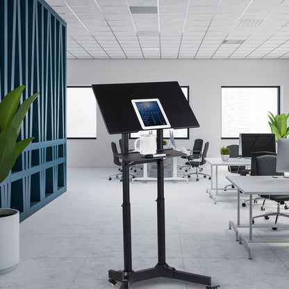 Mount-It! Mobile Podium Stand with Wheels, Adjustable Height Rolling Lectern, Portable Standing Desk with Tilted Shelf and Storage for Office, Classroom, and Presentations