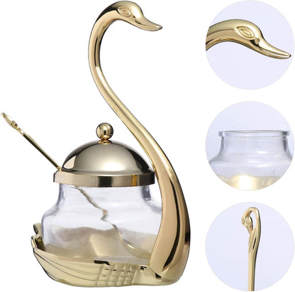 Hemoton Golden Glass Seasoning Jar with Lid, Swan Pattern Condiment Pots, Sugar Bowl, Sugar Pepper Containers for