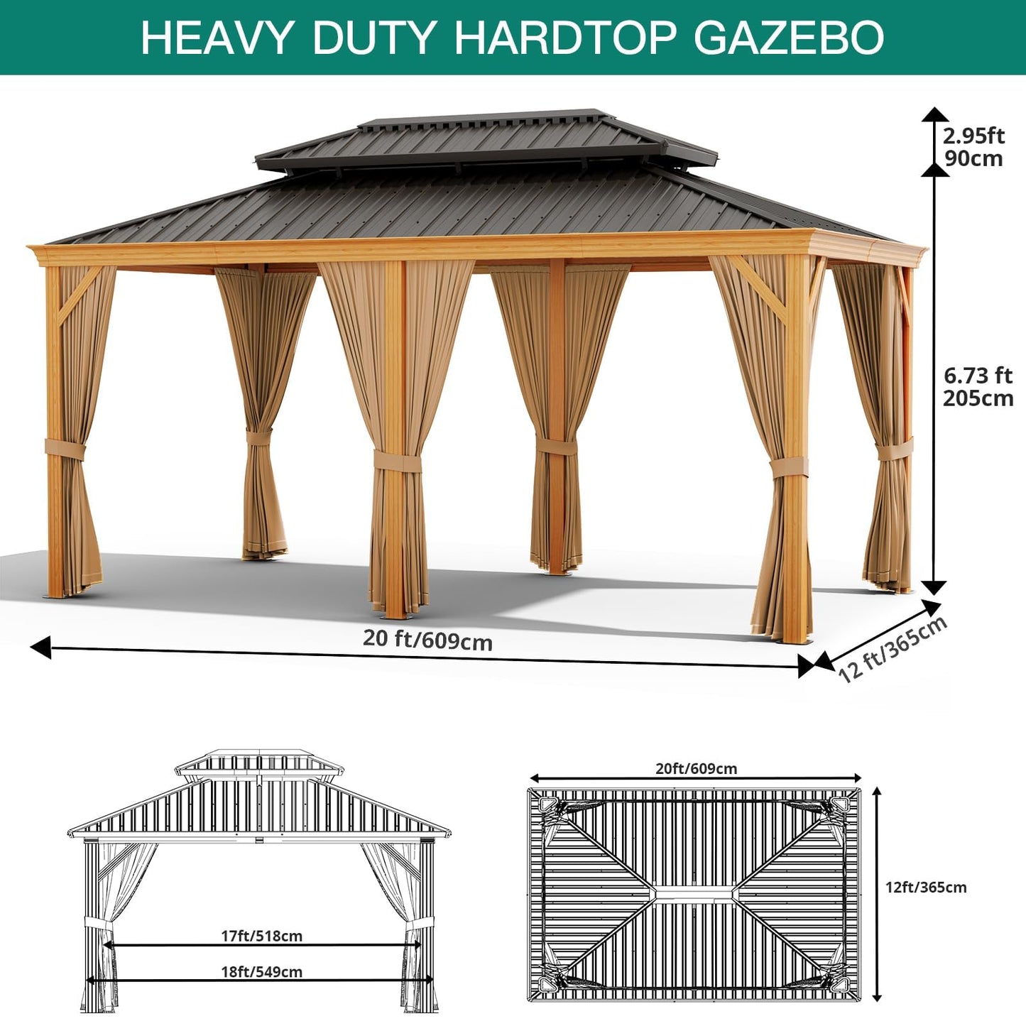 GAOMON Heavy Duty Aluminum Hardtop Gazebo with Double Metal Roof – Mosquito Netting & Privacy Curtains – Durable Outdoor Pavilion for Patio, Garden, Deck, Backyard, Lawn – Black Spray, Gray Cloth,