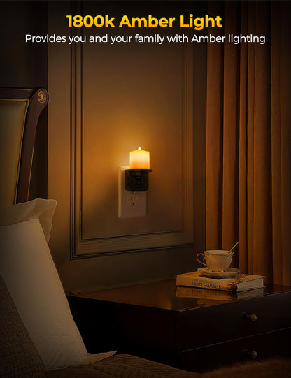 Briignite Flameless Candle Night Lights, Amber Plug-in 2 Pack, LED Candle with Light Sensor, 0-100LM Dimmable, Kids Hallway Bathroom Nightlight