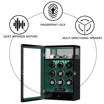 DUKWIN Watch Winder, Fingerprint Lock Automatic Watch Winder for 9 Watches with 4 Holders,300-2300 TPD,Digital Display, Remote Control,Jewelry Storage and Adjustable Watch Pillow and LED Light,Green