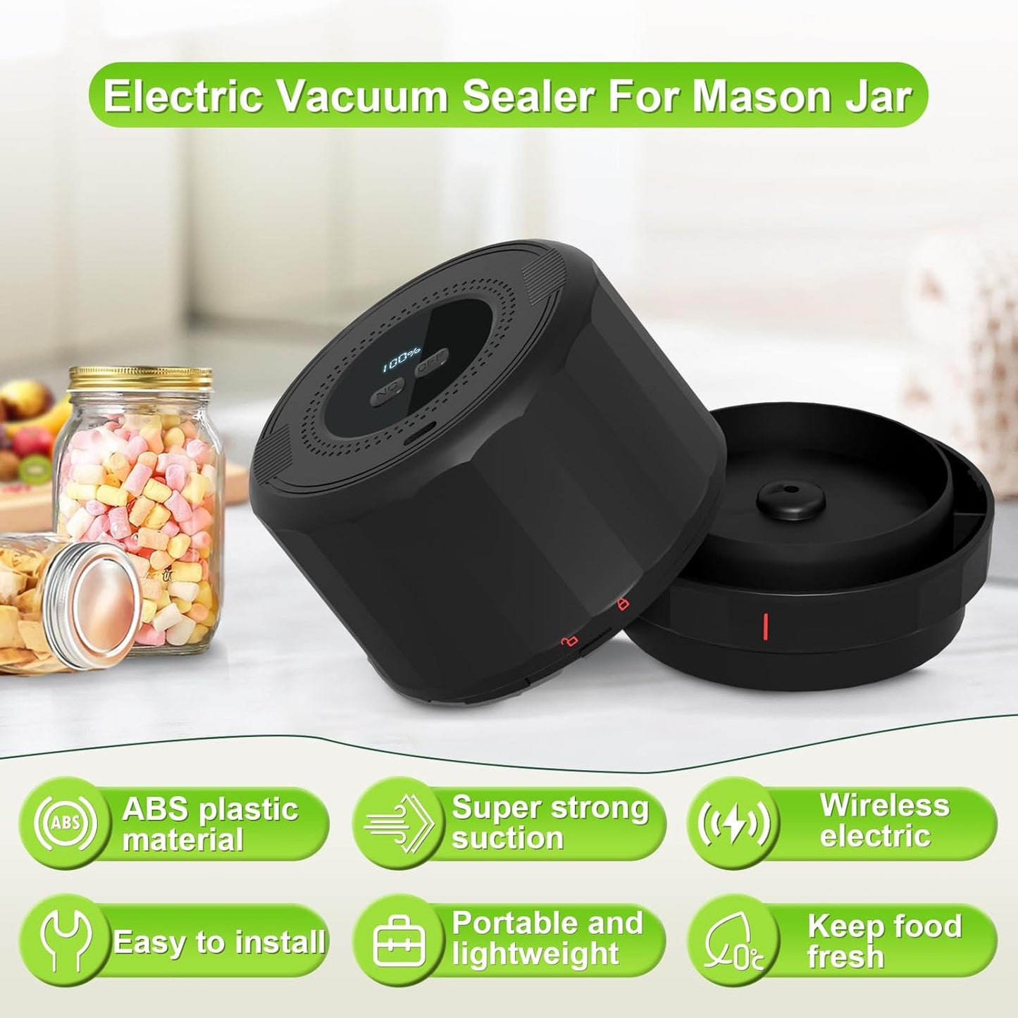 Electric Mason Jar Vacuum Sealer Kit with Wide Regular Mouth Mason Lids for Food Storage - Black