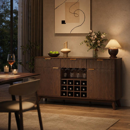 60" Wide Fluted Wine Bar Cabinet with 2 Side Cabinets, 3 Drawers, 4 Glass Holders & 12 Wine Racks, Modern Buffet Sideboard with Storage, 2 Door & 3 Drawer Buffet Sideboard for Kitchen, Dining Room