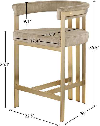 Meridian Furniture 596Beige-C Marcello Collection Modern | Contemporary Velvet Upholstered Counter Height Stool with Brushed Brass Iron Frame, 22.5" W x 20" D x 35.5" H, Beige, Set of 2