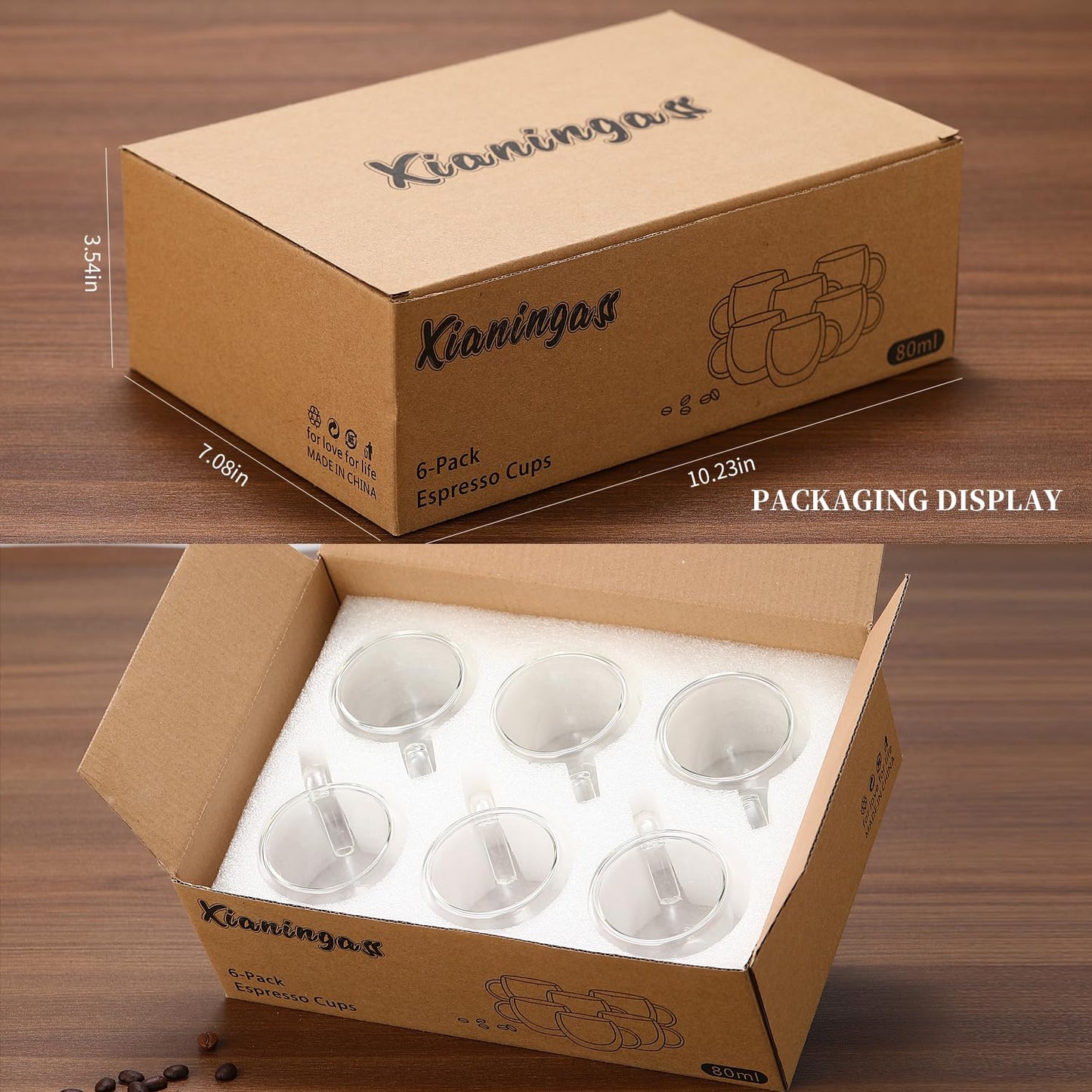 xianingass Double Walled Espresso Cups set of 6, 2.7oz Clear Glass Coffee Mugs, Double-layer Insulated Coffee Cups, Suitable for Espresso, Americano, Tea Bags, Beverage