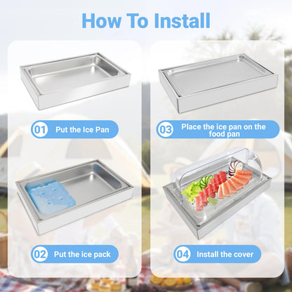 Countertop Ice Food Serving Display Tray with 1 Pan, Portable Salad Bar Buffet Station, Stainless Steel Cold Food Buffet Server with Clear Roll Top Cover, Chilled Serving Tray for Home Party Buffet