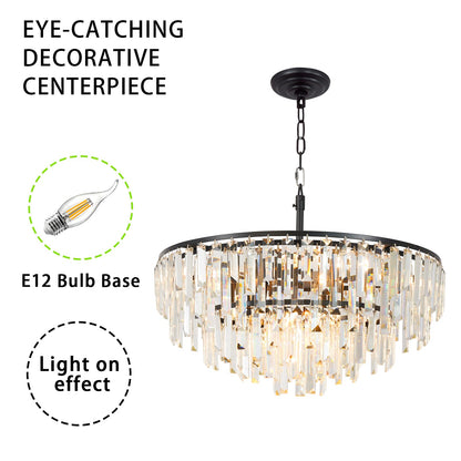 CHGUOSZ Black Modern Round Top K9 Crystal Chandelier Lighting Fixture, 8 Lights Round K9 Crystal Adjustable Hanging Lamp for Dining Room Bedroom Living Room,Hallway,Bar,Kitchen W24'