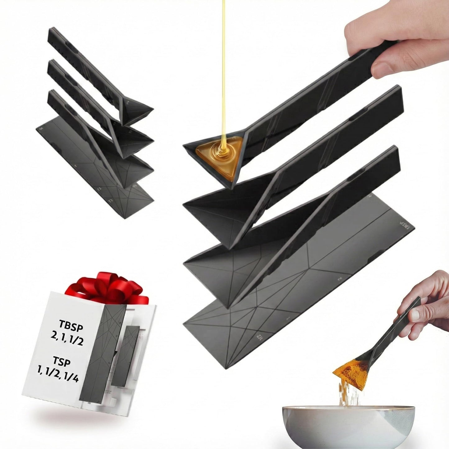 POLYGONS - Original Flat 3-in-1 Folding Measuring Spoons | 2 Spoons fold into 6 Sizes | Magnetic | DuraBend Tech lasts 100k+ folds | LeakProof for Wet & Dry | Gift Packaging | Baking/Cooking (Black)