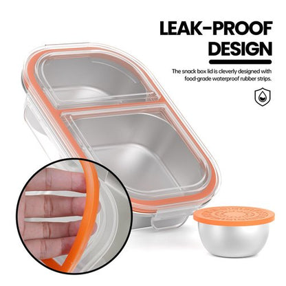 CODIEKEY Snackle Box Container,Dishwasher,Reusable Snack Containers With Lids,2 Compartment Stainless Steel Snack Containers,Fruits, Snacks,Nuts,Salad,travel,800ML,White&Orange,1 Pack