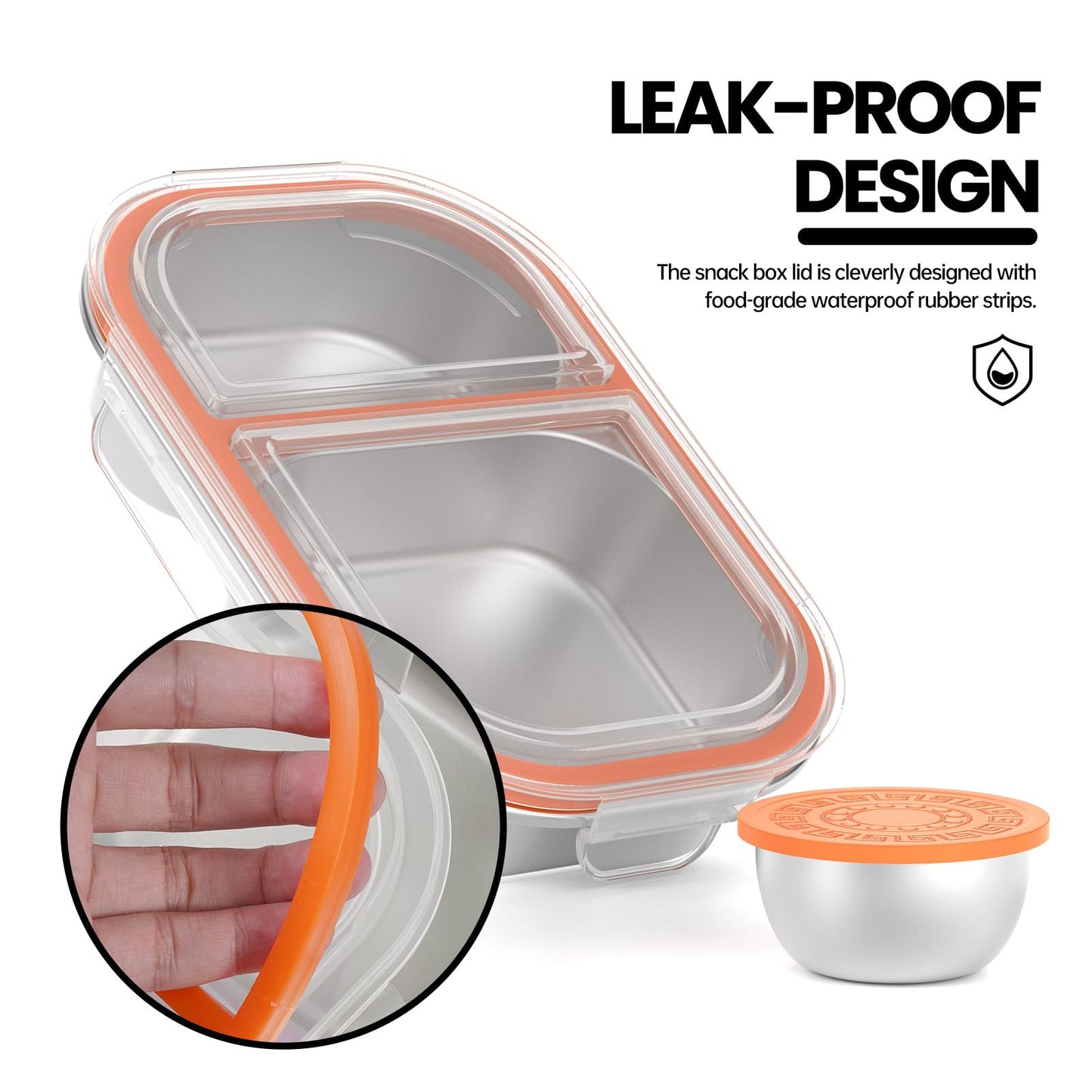 CODIEKEY Snackle Box Container,Dishwasher,Reusable Snack Containers With Lids,2 Compartment Stainless Steel Snack Containers,Fruits, Snacks,Nuts,Salad,travel,800ML,White&Orange,2 Pack