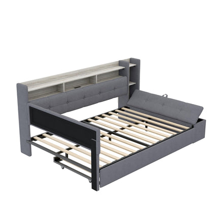 Merax Full Size Upholstered Daybed with Trundle and Storage Drawer, Headboard with Light, Shelves, USB Charging Station, Multi-Functional Bed for Guest Room, Living Room, No Box Spring Needed, Gray