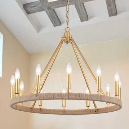 ZJVAIVE 12-Lights Gold Wagon Wheel Chandelier 26.77" Large Gold Farmhouse Chandelier Vintage Circle Light Fixture for Dining Room Kitchen Island Height Ceiling Living Room