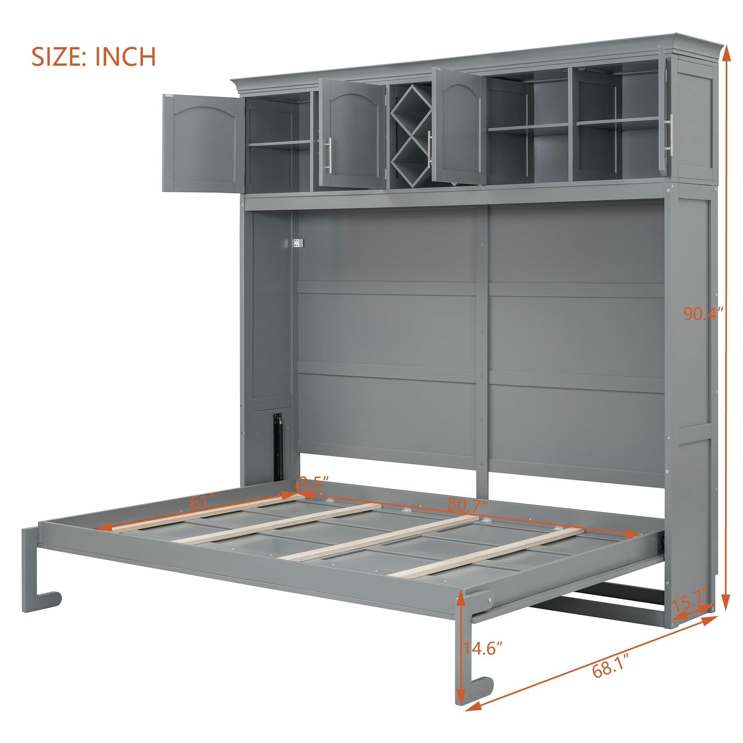 Merax Queen Size Murphy Bed, Foldable Wall Bed with Storage Cabinet, Dual Piston Metal Mechanism & Wooden Slats, No Box Spring Needed, Space-Saving for Small Apartment, Studio, Guest Room, Gray