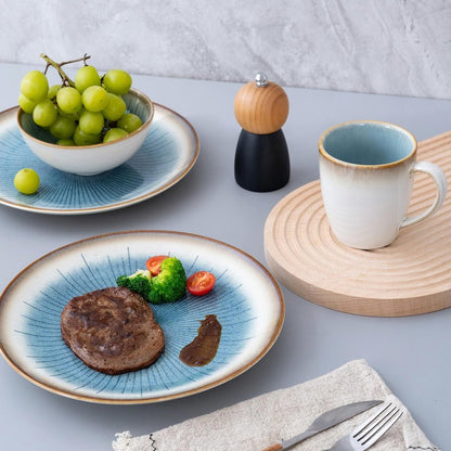 WHITEPEONY Blue Stoneware Dinnerware Set, 12 Pieces, Blue Stripe Marble, Dishwasher & Microwave Safe