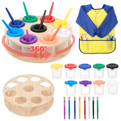Painting Cups with Rotating Holder 9pcs No Spill Paint Cup with Colored Lids Paintbrushes Waterproof Smock Spill Proof Art Painting Containers Supplies
