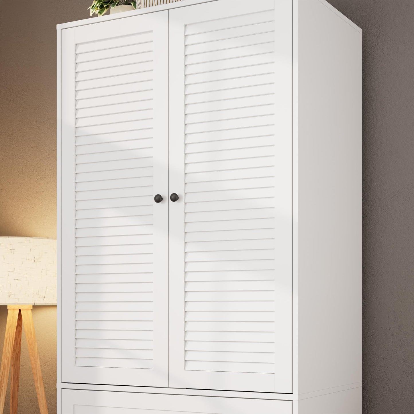 GarveeHome Armoire Wardrobe Closet with Drawers, 69.5 in Wooden Wardrobe Cabinet with Hanging Rod, 2 Doors Clothing Storage Cabinet for Bedroom, Large Capacity Storage, Louvered Door, White