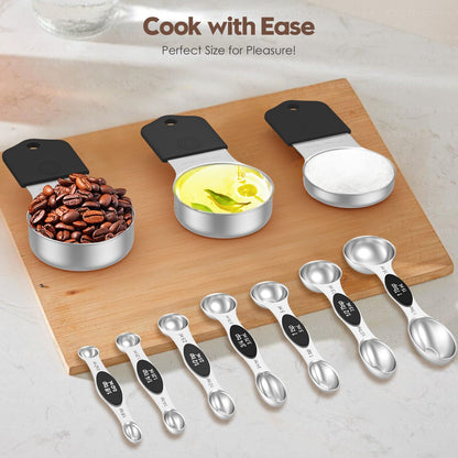 Magnetic Measuring Cups and Spoons Set - 304 Stainless Steel | Dual-sided Design | Set of 15 with Leveler | Strong N52 Magnetic Nesting Design | for Dry & Liquid Ingredients (Black)