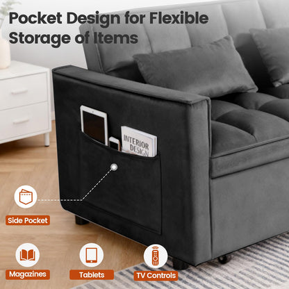 Trygoal 3 in 1 Convertible Sofa Bed, Love Seat Sleeper Bed with Side Pockets, Velvet Fabric Pull Out Couch with Adjustable Backrest for Living Room, Bedroom, Apartment, Black