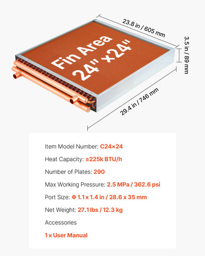VEVOR Water to Air Heat Exchanger, 24 x 24 in Finned Tube HVAC Heat Exchanger Coil with Copper Tubes & Aluminum Fins, 225K BTU Output for Outdoor Wood Furnace, Hydronic Heating & Cooling Systems