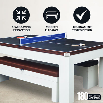 Hathaway Newport II 7 Foot Dining Pool Table Combo with Game Accessories, & 2 Benches – Multifunctional Billiards Table with Ping Pong & Dining Top – White Finish, Walnut Accents, Camel Felt