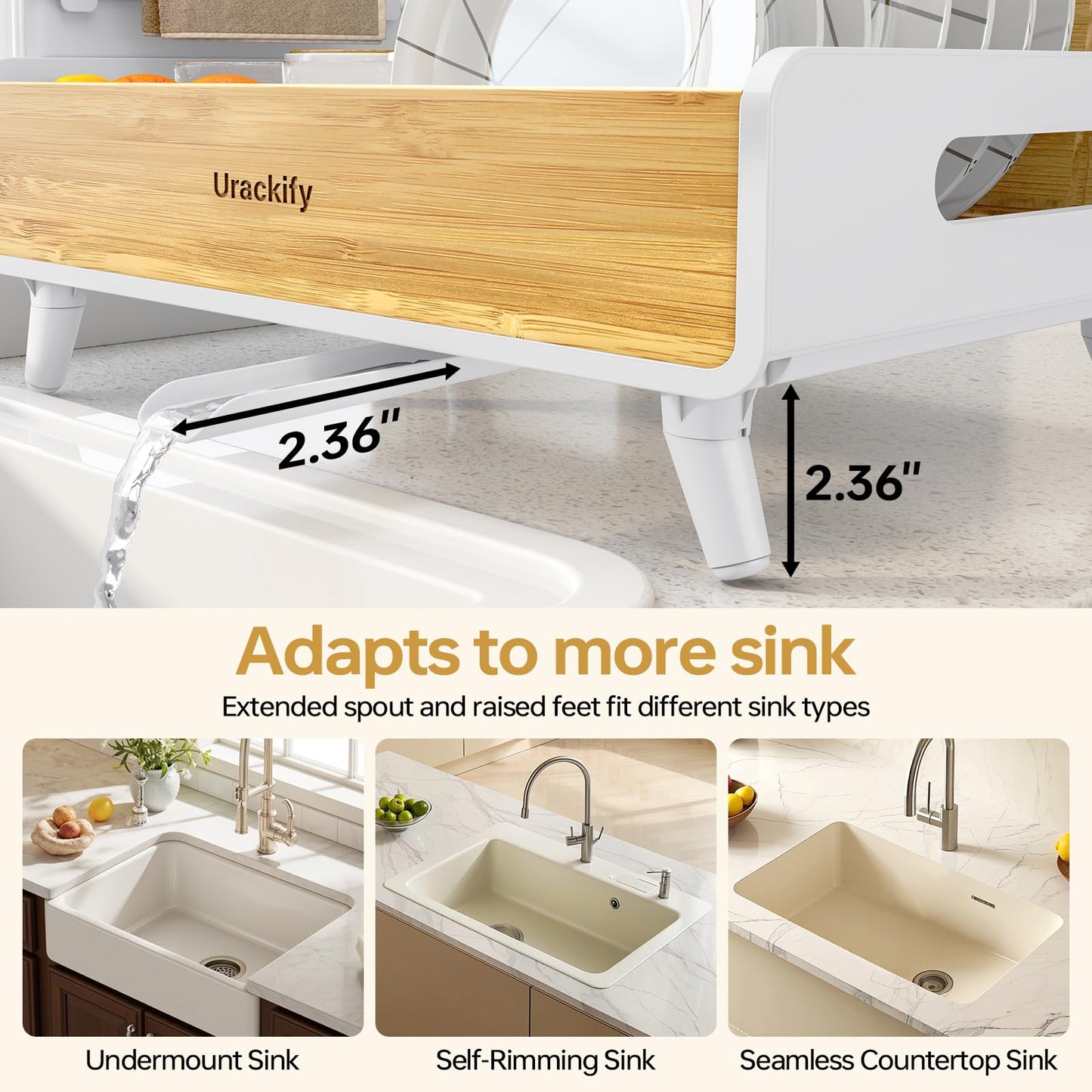 Urackify Dish Drying Rack for Kitchen Counter - Stainless Steel & Bamboo Dish Rack with Large Removable Utensil Holder, Dish Drainer with Adjustable Automatic Spout, White