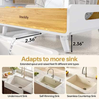Urackify Dish Drying Rack for Kitchen Counter - Stainless Steel & Bamboo Dish Rack with Large Removable Utensil Holder, Dish Drainer with Adjustable Automatic Spout, White