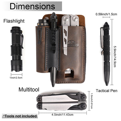 Topstache Leather Multitool Sheath with Belt Clip - Multitool Holster for Belt - EDC Belt Organizer Fits, Flashlight, Pen - Leather Pouch - Holder, Dark Brown