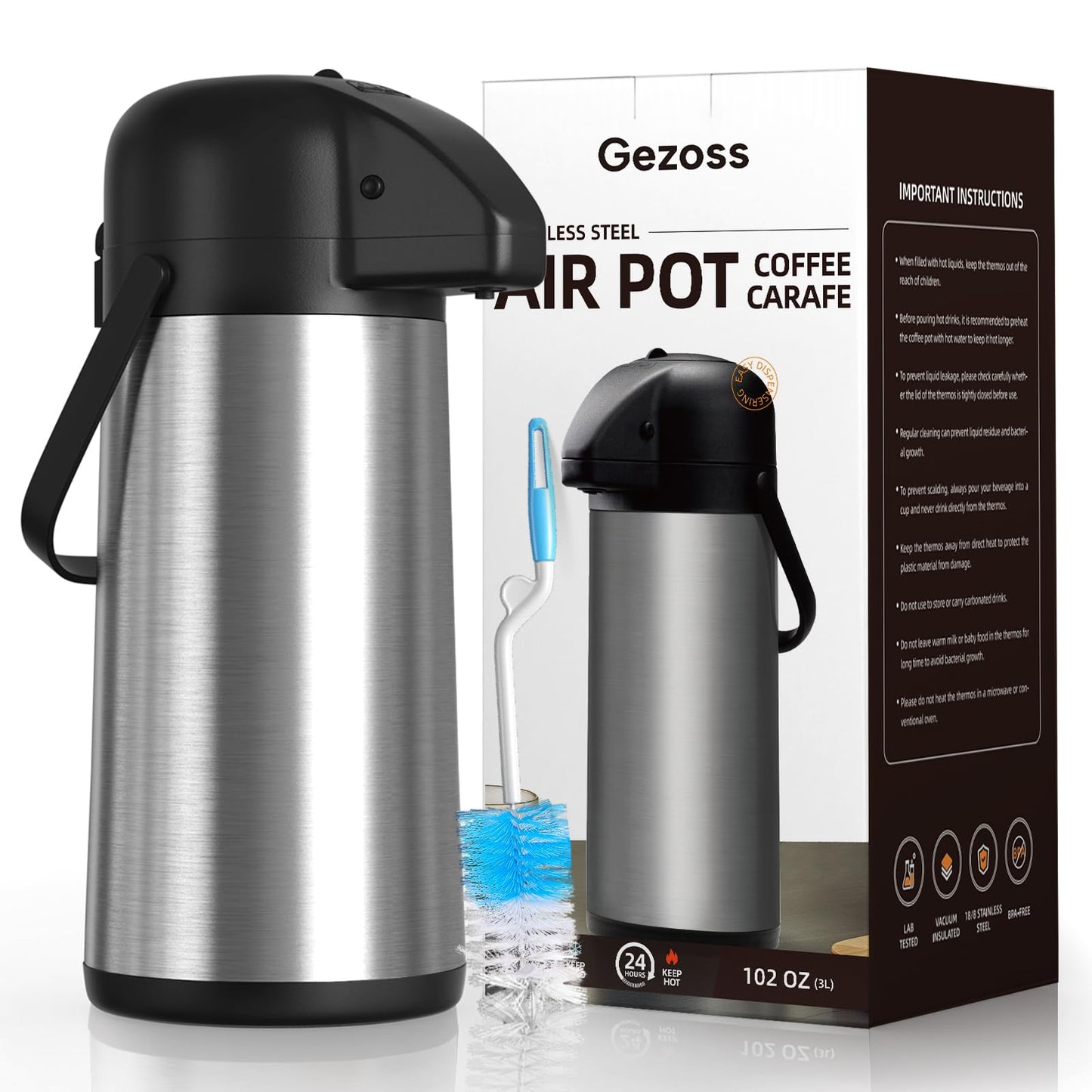 Coffee Carafe for Keeping Hot - Gezoss 102OZ / 3L Airpot Coffee Dispenser with Pump - Large Coffee Carafe for Hot Drinks Tea Liquid - Insulated Stainless Steel Hot Water Beverage Urn for Parties