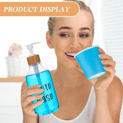 1 Set 17 Oz Mouthwash Dispenser for Bathroom Refillable Mouth Wash Pump Bottle Paper Cup Holder with Bamboo Lid