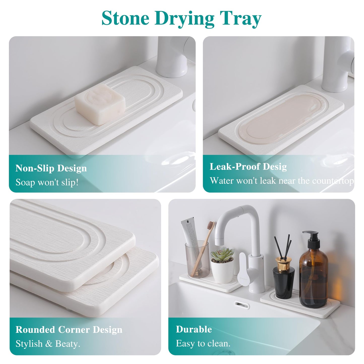 2PCS Water Absorbing Stone Tray for Sink, Quick Drying Diatomite Bathroom Tray Countertop, Stone Drying Mat for Kitchen Counter Faucet, Soap Dish Dispenser Vanity Organizer, White-7.9" x 4"