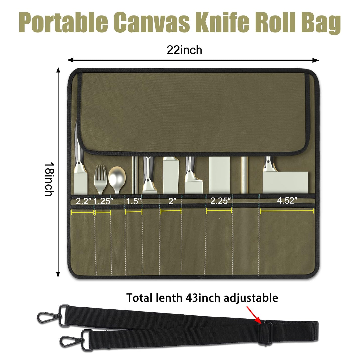 QIQU Army Green Chef Knife Bag With 20 Slots Cutlery Knives Holders Protectors, Home Kitchen Travel Cooking Tools, Portable Canvas Knife Roll Storage Bag Chef Case for Camping or Working