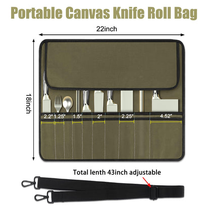 QIQU Army Green Chef Knife Bag With 20 Slots Cutlery Knives Holders Protectors, Home Kitchen Travel Cooking Tools, Portable Canvas Knife Roll Storage Bag Chef Case for Camping or Working