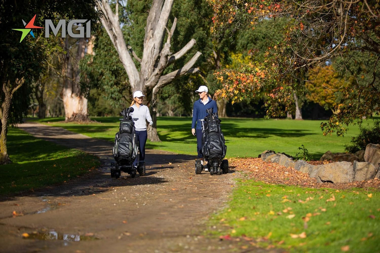 MGI Zip Navigator All Terrain Electric Golf Cart with Seat Attachment | Full Directional Remote Controlled Motorized Golf Push Cart with Accessories and Signature Series Golf Towel | Plays 36 Holes