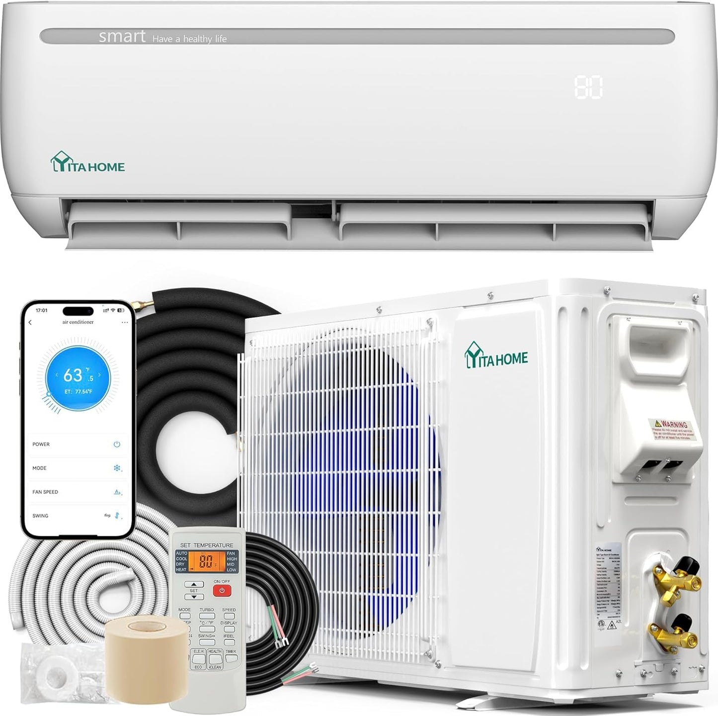YITAHOME 24000 BTU Mini Split Air Conditioner Heat Pump System, Wifi Enabled 18.5 SEER2 208-230V Inverter Ductless AC Cool Up to 1500 Sq. Ft, Compatible with Alexa, Complete Installation Kit, White