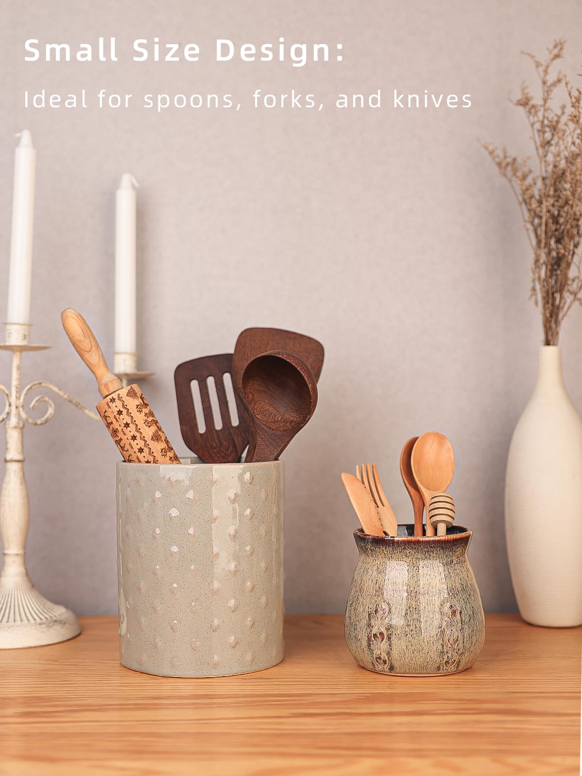 HAOTOP Ceramic Utensil Holder, Small Utensil Crock Ideal for Spoons, Forks and Knives, Easy to Clean 30 oz (Gradient Gray)