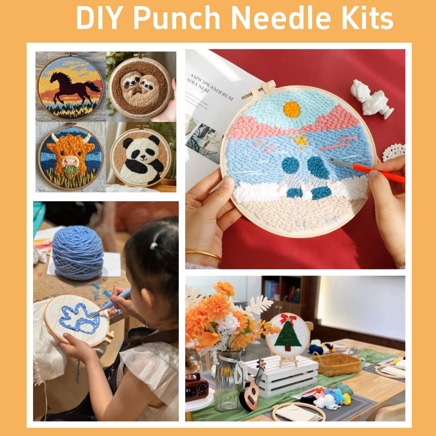 Punch Needle Kits Tiger Head Easy for Beginners DIY Punch Needle Yarn Starter Embroidery Set for Craft Lovers with Printed Pattern and Hoop for Home Decor 20x20cm(2)