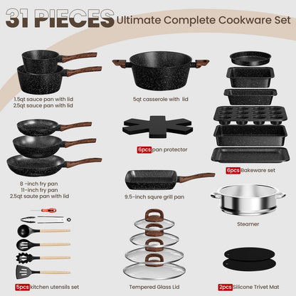 Pots and Pans Set Non Stick, 31 Piece Kitchen Induction Cookware & Bakeware Set, Nonstick Kitchen Cooking Pans Set with Frying Pans Set Grill Pan Saucepan Baking Sheet & Utensils, PFOA Free