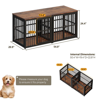 Lyromix 54'' Dog Crate Furniture with Double Rooms,Wooden Crate End Table Heavy Duty Indoor Puppy Cage for 2 Small Dogs, Multiple Units Can be Combined, Rustic Brown