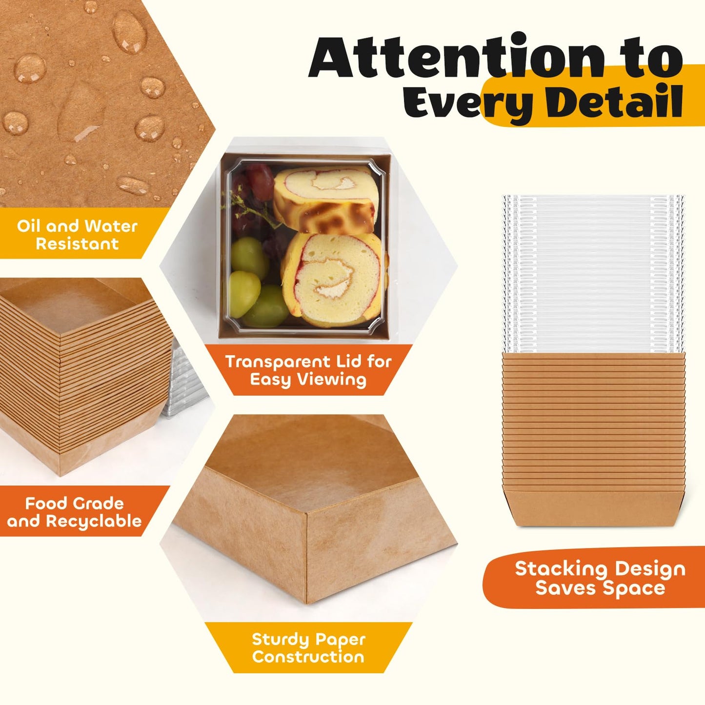 LNDIEHS 50Pcs Small Kraft Charcuterie Boxes with Clear Lids - Paper Mini Appetizer Plates for Sandwich, Cookie, Sushi, Cake Slice, and Strawberries