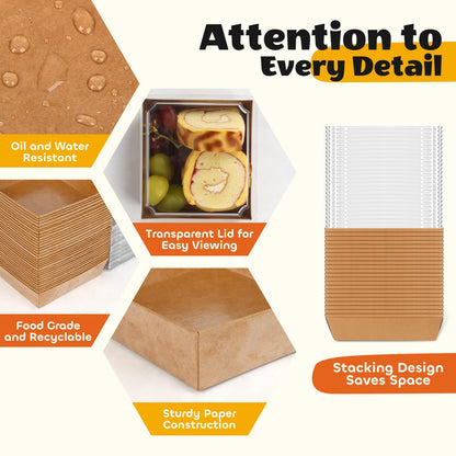 LNDIEHS 50Pcs Small Kraft Charcuterie Boxes with Clear Lids - Paper Mini Appetizer Plates for Sandwich, Cookie, Sushi, Cake Slice, and Strawberries