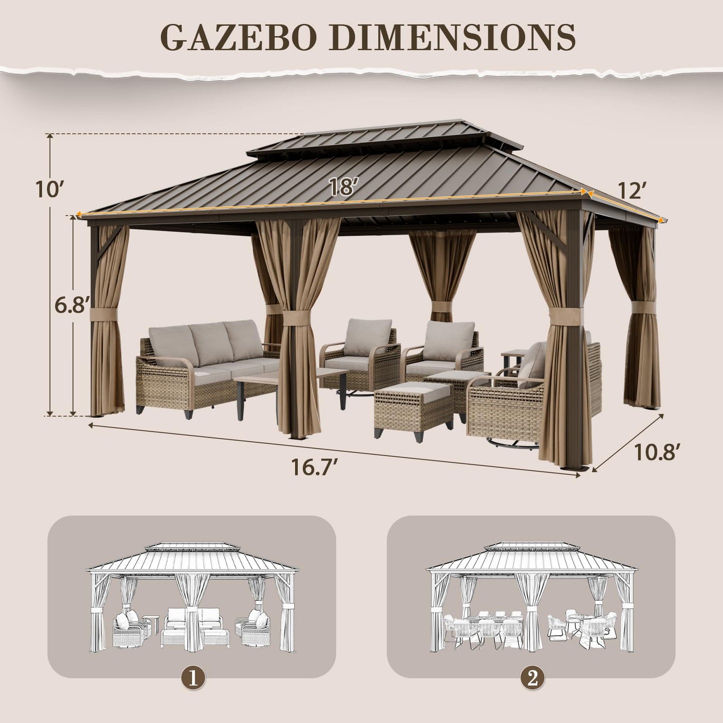 EAGLE PEAK 12x18 Hardtop Gazebo, Galvanized Steel Double Roof with Aluminum Frame, Outdoor Pavilion with Netting and Curtains for Patio, Deck, Lawn and Garden, Dark Brown/Tan