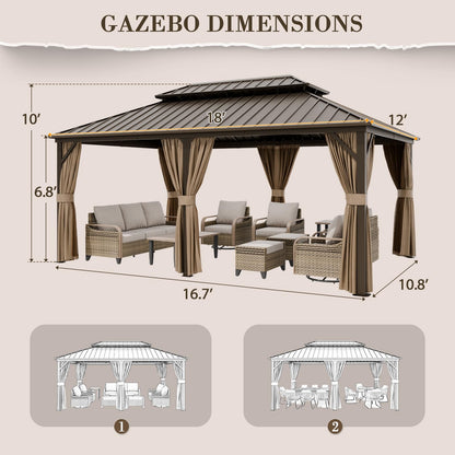 EAGLE PEAK 12x18 Hardtop Gazebo, Galvanized Steel Double Roof with Aluminum Frame, Outdoor Pavilion with Netting and Curtains for Patio, Deck, Lawn and Garden, Dark Brown/Tan