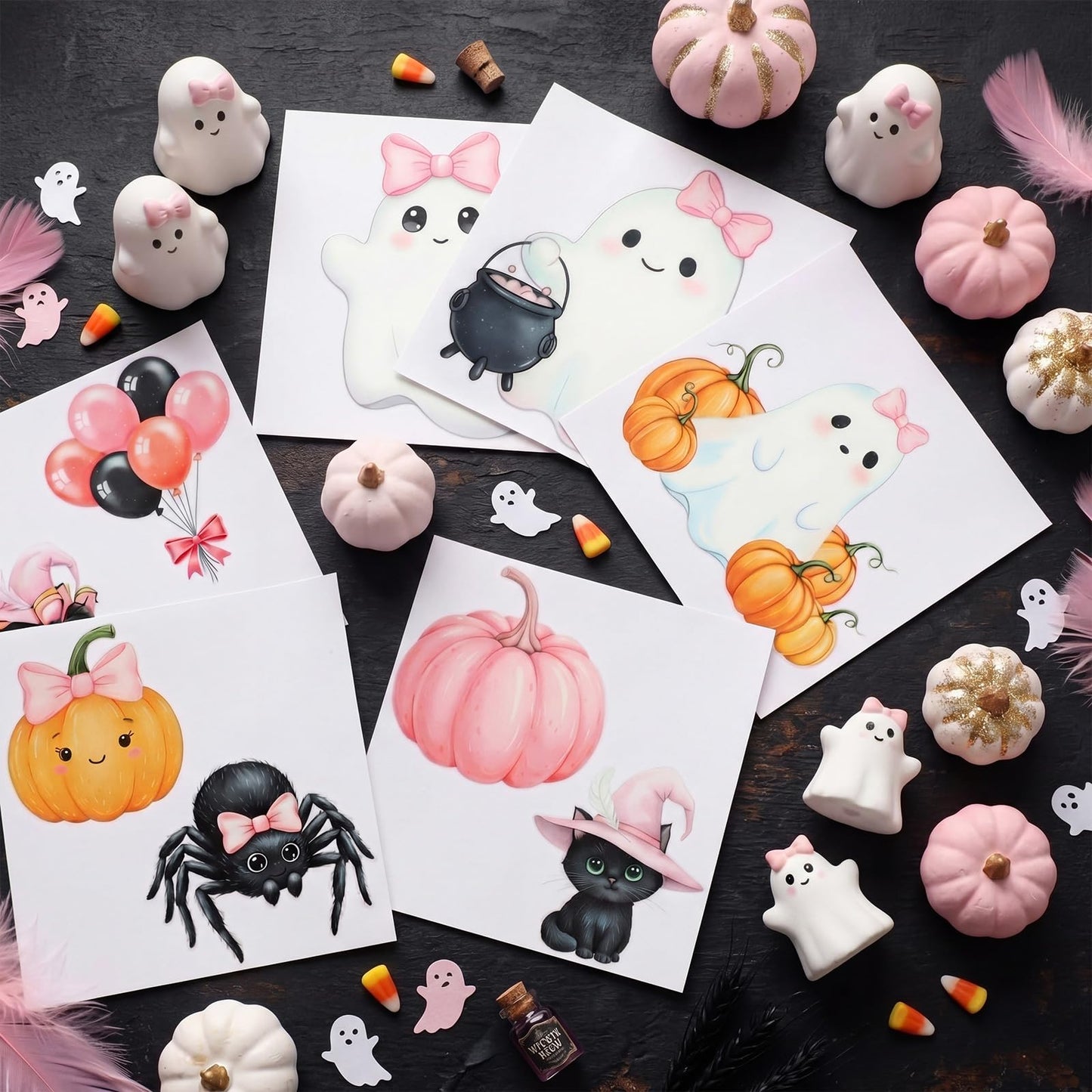 Harloon 15 Sheets Halloween Cute Ghost Rub on Transfers for Crafts Furniture Wood Ornaments Pink Bow Ghost Pumpkin Stickers Rub on Decals for Halloween Scrapbook DIY Wood Fabric Journal Envelope