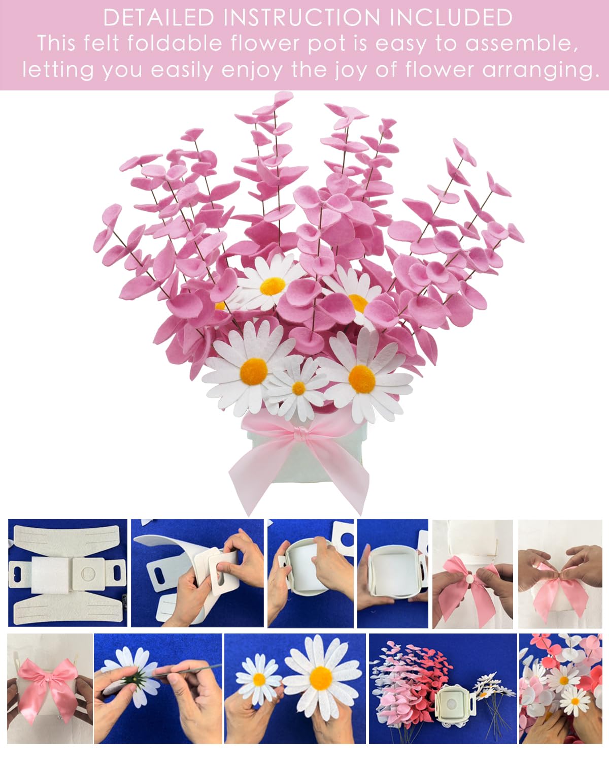BAZIMA Felt Eucalyptus Daisy Bouquet,Felt Flowers,Multi-Color Felt Leaves,DIY Bouquet,Artificial Flower Bouquet with Flower Pot,Floral Gifts,15 Eucalyptus and 8 Daisies kit (Pink)