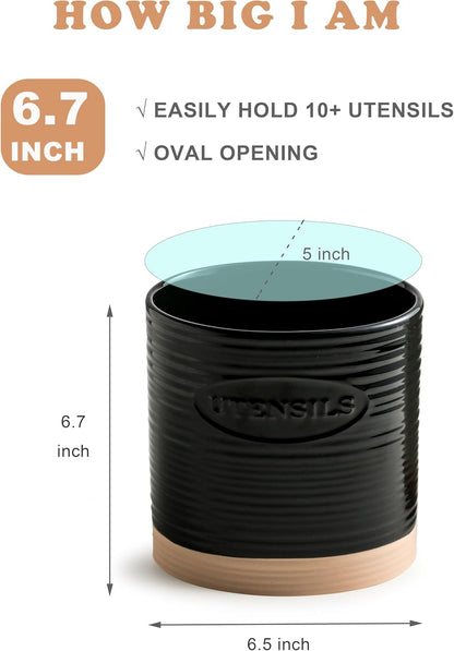 YHOSSEUN Black Ceramic Utensil Holder, 6.7" Kitchen Counter Caddy for Tools, Oval Shape Utensil Storage