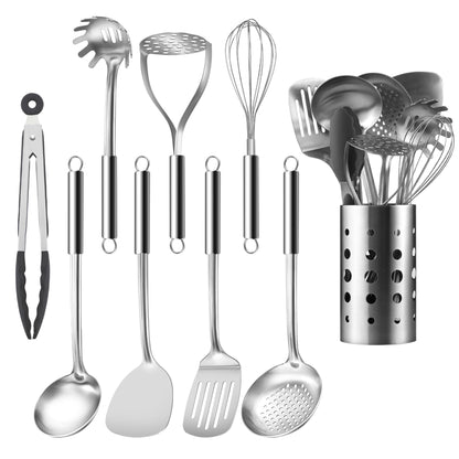 Pleafind Stainless Steel Cooking Utensils Set, 9 Pcs Heat Resistant Kitchen Utensils Set, Nonstick Kitchen Tools Set With Utensil Holder, Metal Spatula Set for Chef, Dishwasher Safe