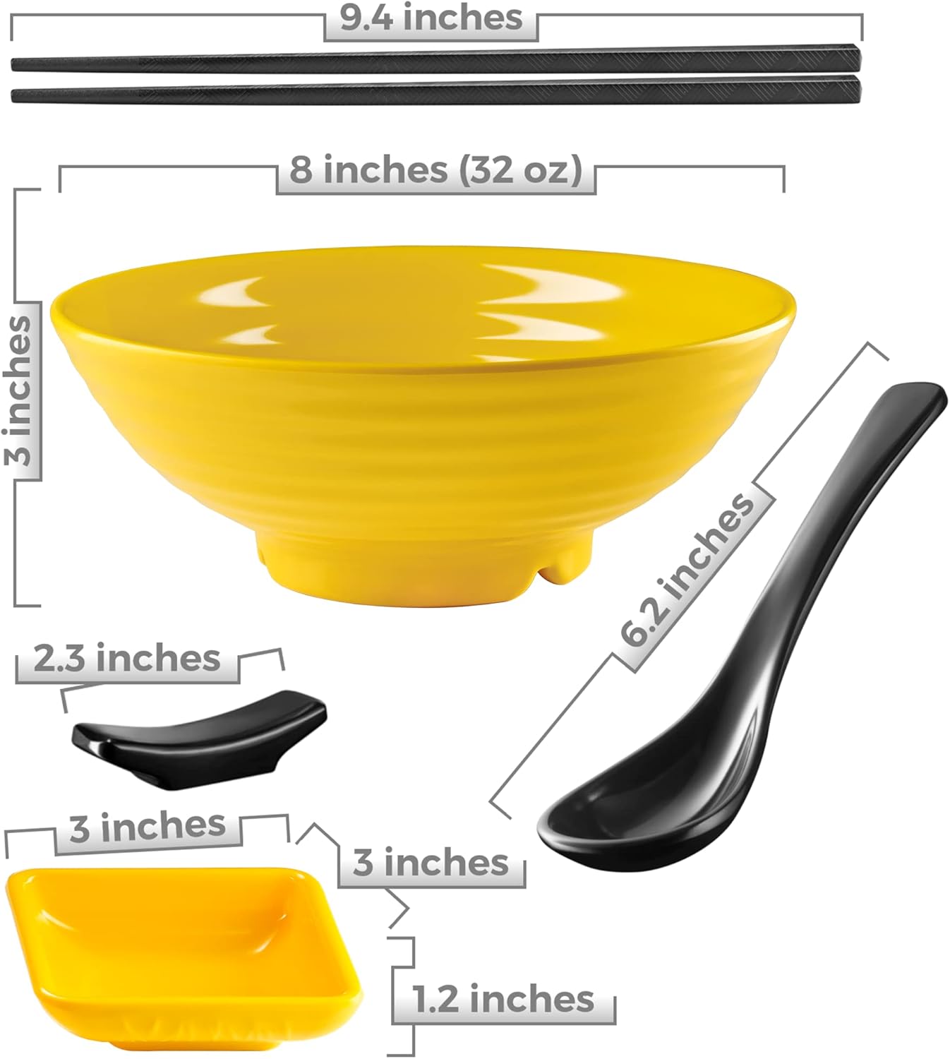 Unbreakable Ramen Bowl Set with Chopsticks and Spoon, 2 Large Japanese Style Melamine Bowls for Pho Soup, Yellow